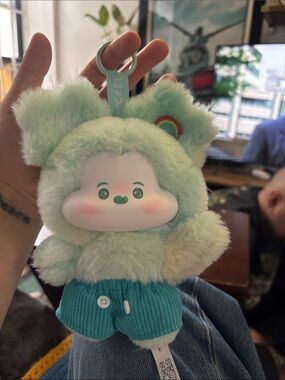 Mint Mickey Plush Bear Keychain with Rainbow Patch - Cute Kids Accessory